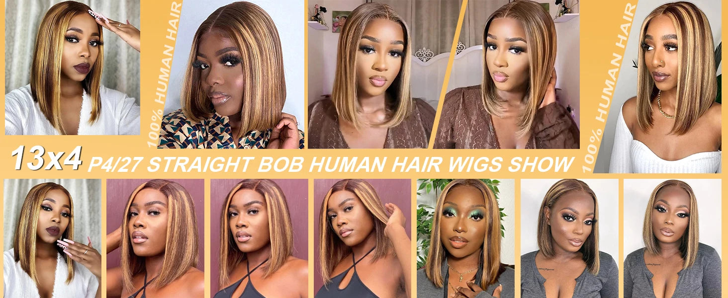 4/27 Honey Gold Highlighter Human Hair Bob Wig 13x4 Front Straight Bob Wig Human Hair Pre-drawn 180 Density wig 10-16 inches