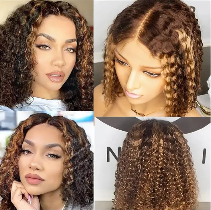 13x4 Lace Frontal P4/27 Honey Blonde Curly Bob Wig  Ombre Lace Front Bob Wigs Pre Plucked with Baby Hair Glueless Wigs for Women