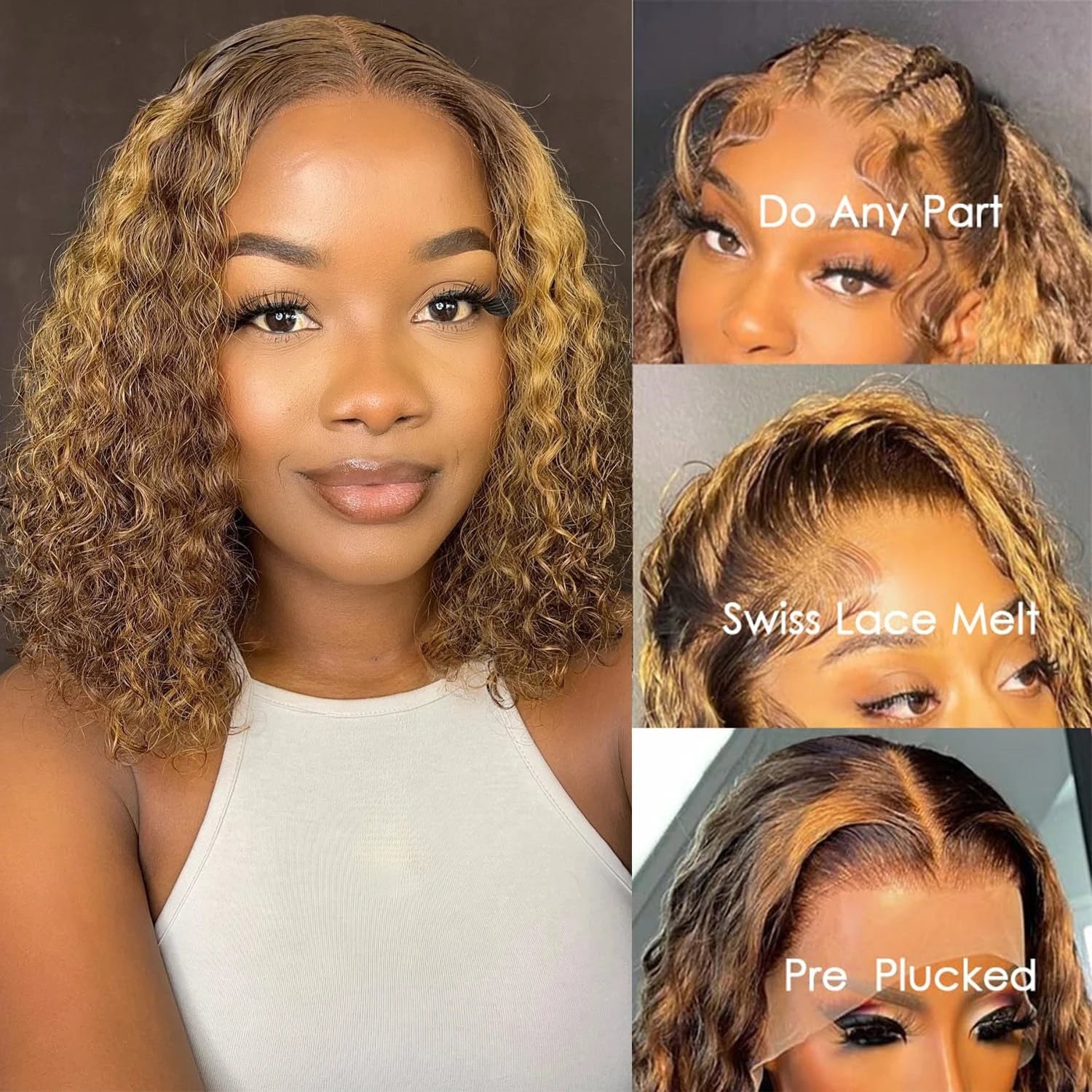 13x4 Lace Frontal P4/27 Honey Blonde Curly Bob Wig  Ombre Lace Front Bob Wigs Pre Plucked with Baby Hair Glueless Wigs for Women