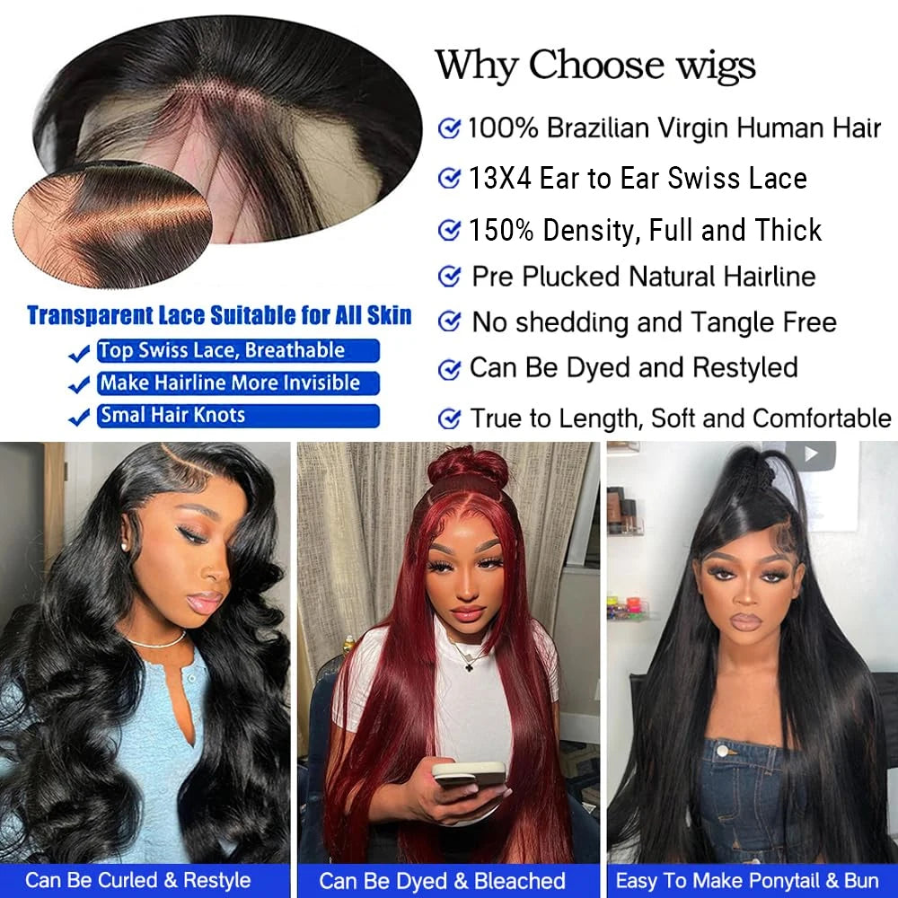 13x4 Lace Front Wigs Human Hair Pre Plucked with Baby Hair Transparent Straight Lace Frontal Wigs for Women Natural Black