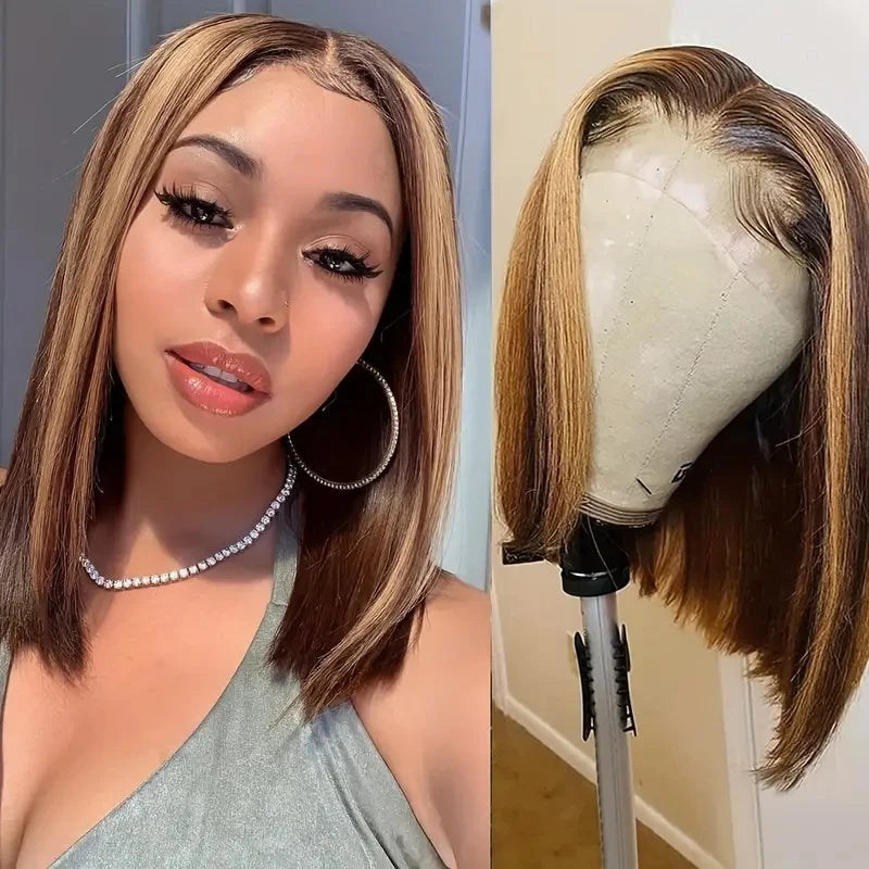 4/27 Honey Gold Highlighter Human Hair Bob Wig 13x4 Front Straight Bob Wig Human Hair Pre-drawn 180 Density wig 10-16 inches