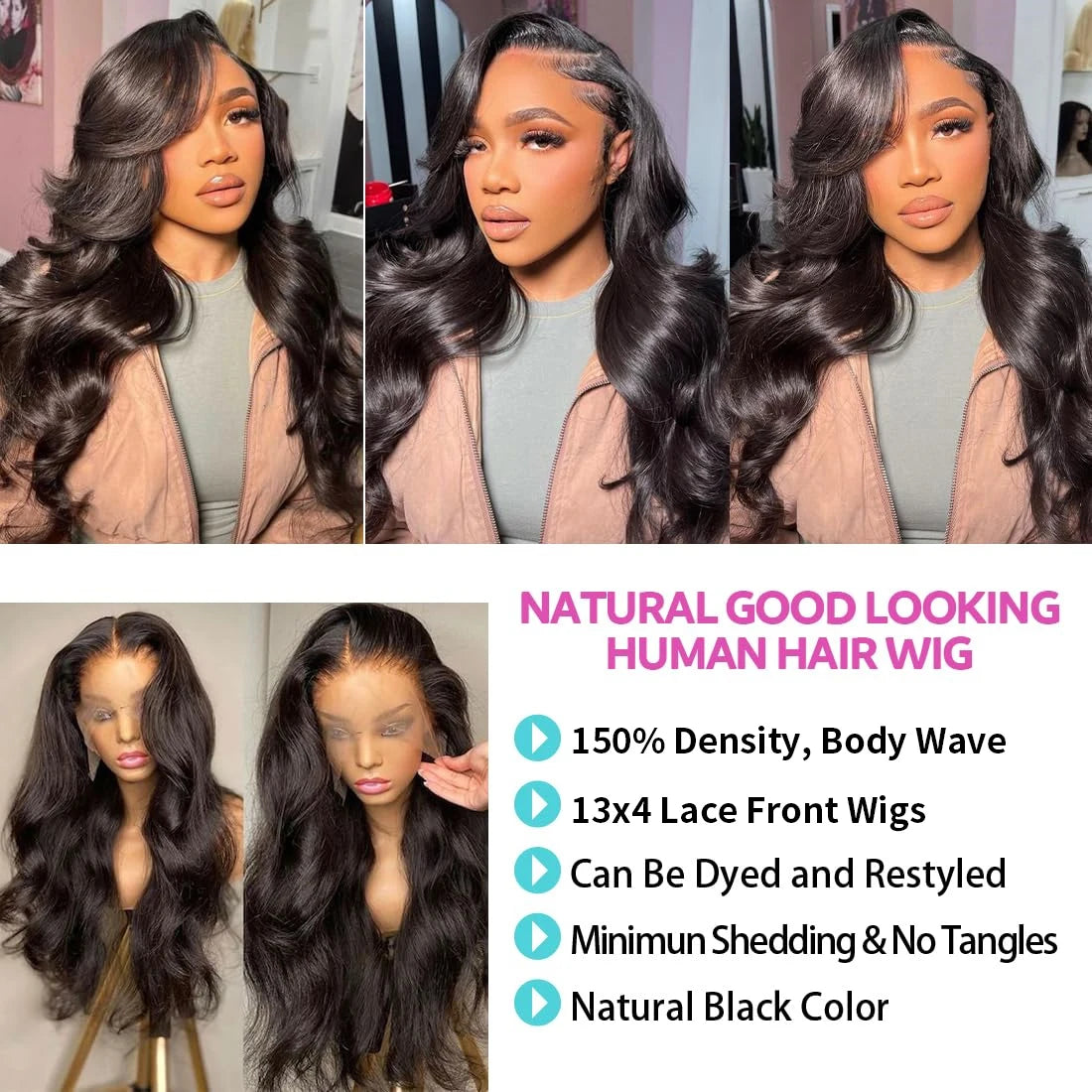 13x4 Lace Front Wavy Wig Body Wave Lace Front Wigs 150% Density Pre Plucked Black Wig Human Hair Wigs For Women