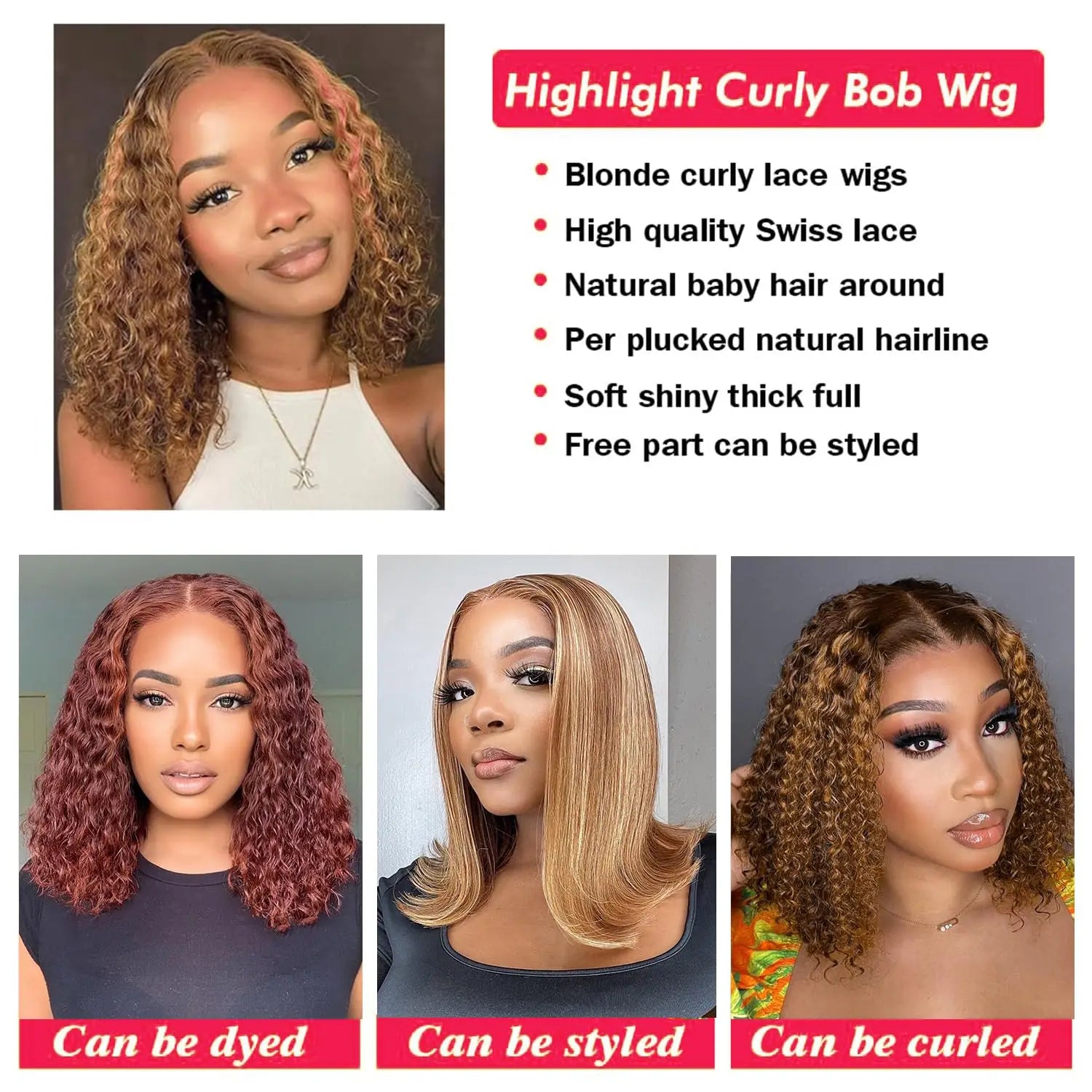 13x4 Lace Frontal P4/27 Honey Blonde Curly Bob Wig  Ombre Lace Front Bob Wigs Pre Plucked with Baby Hair Glueless Wigs for Women