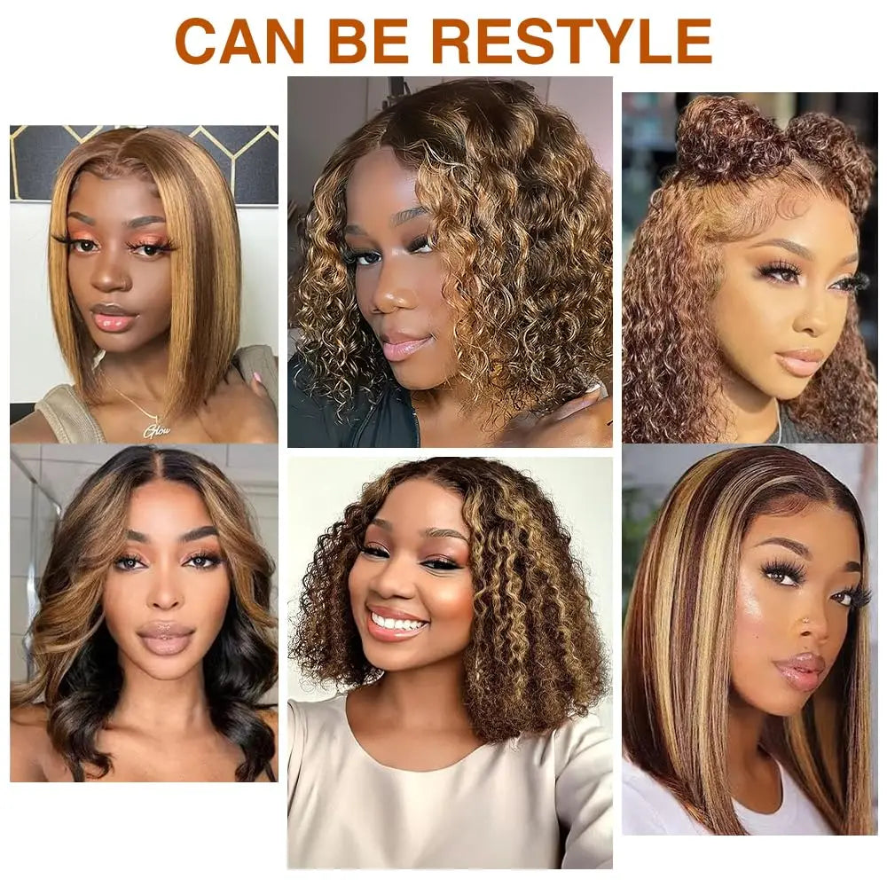 13x4 Lace Frontal P4/27 Honey Blonde Curly Bob Wig  Ombre Lace Front Bob Wigs Pre Plucked with Baby Hair Glueless Wigs for Women
