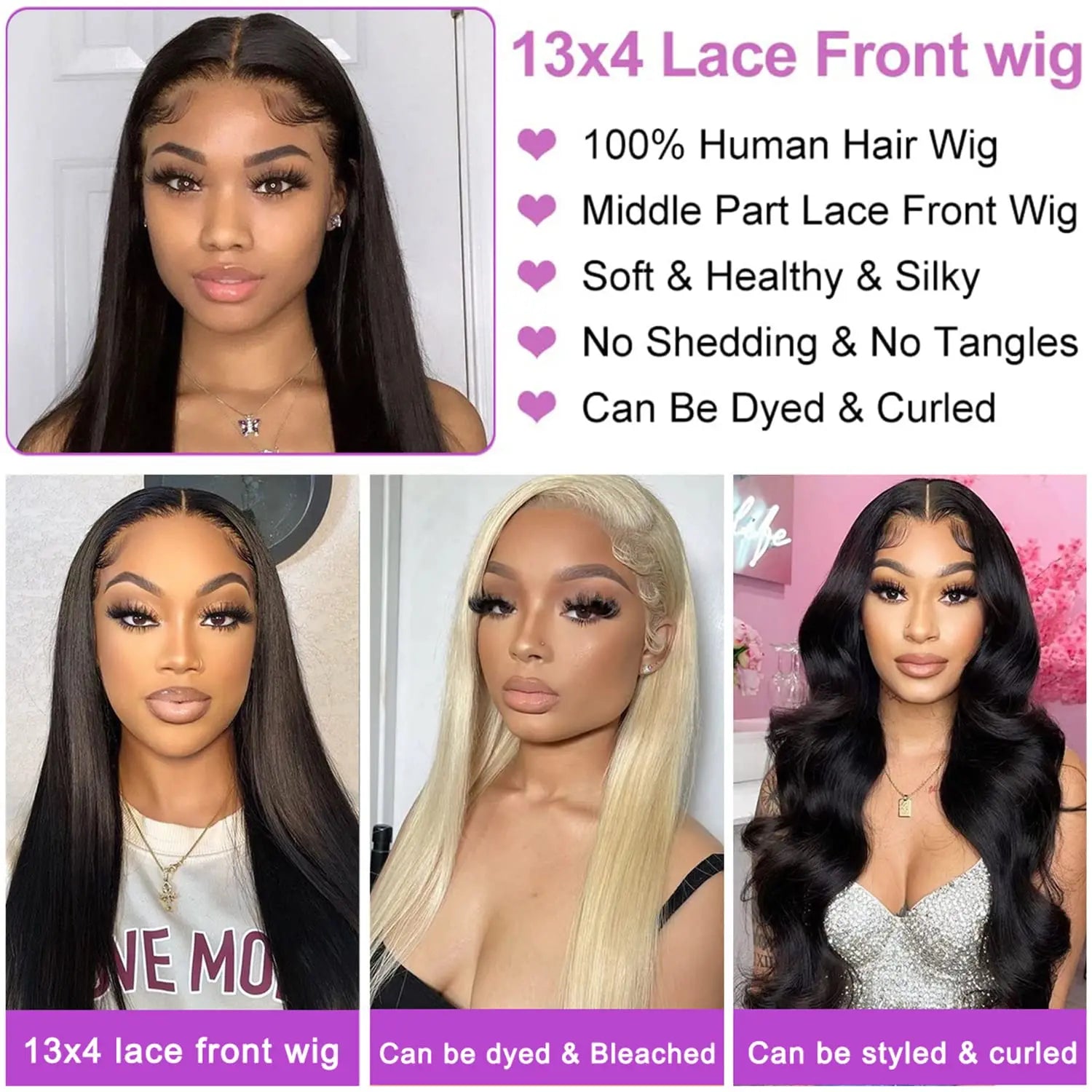 Straight Lace Front wig Human Hair Pre-painted Density 180% 13x4 HD Lace Front wig Brazilian Female Hair Black 22-30 inches