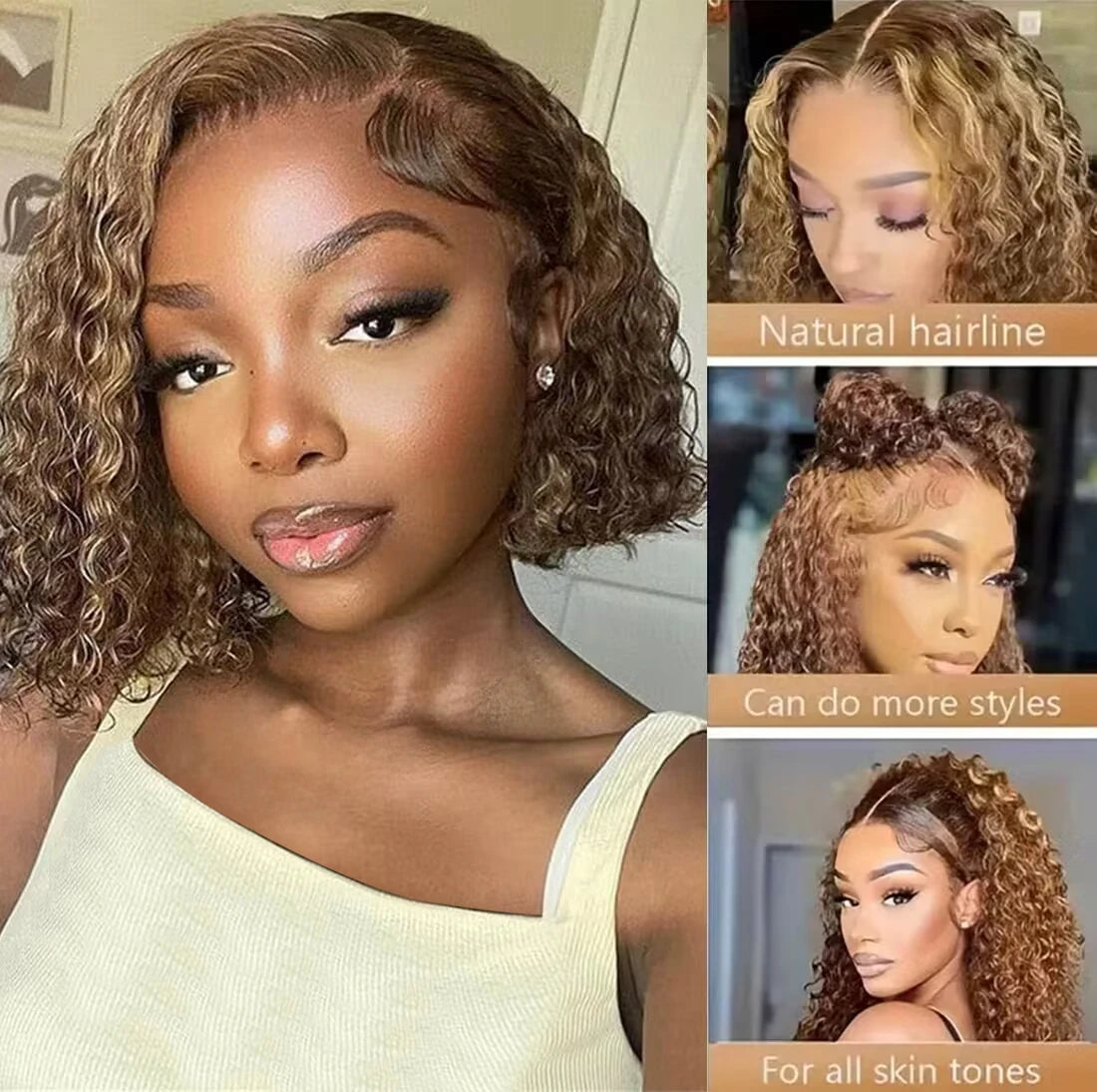 13x4 Lace Frontal P4/27 Honey Blonde Curly Bob Wig  Ombre Lace Front Bob Wigs Pre Plucked with Baby Hair Glueless Wigs for Women