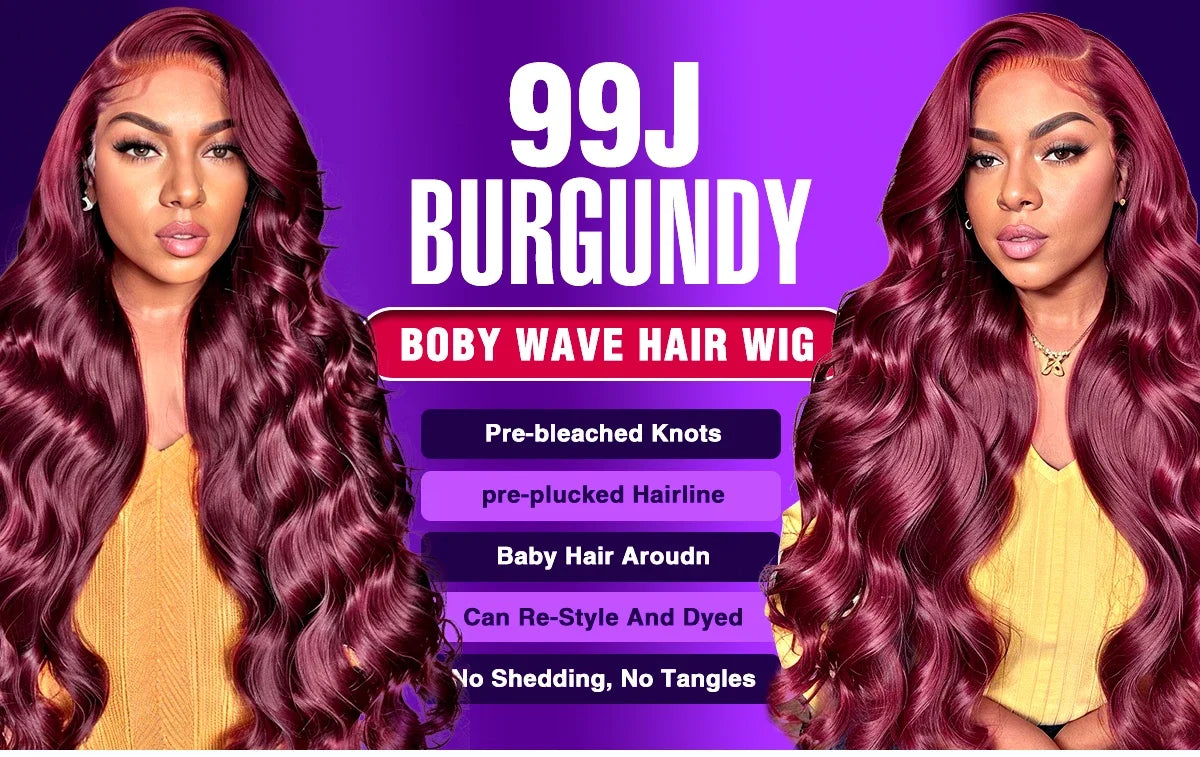 99J Burgundy Body Wave Wigs Glueless Preplucked 13x4 Lace Frontal Human Hair Wigs 30Inch HD 200% Wine Red Lace Wigs For Women