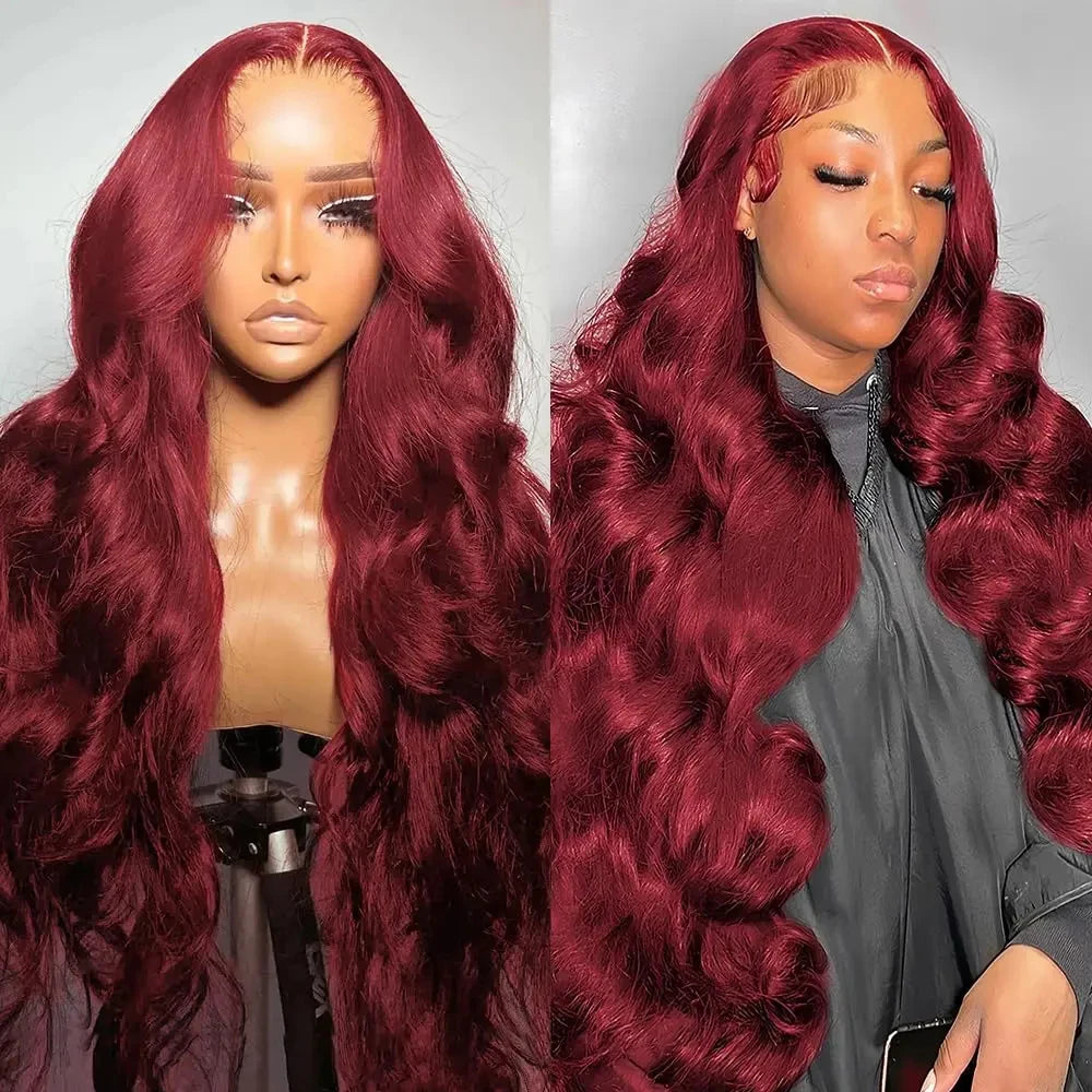 99J Burgundy Body Wave Wigs Glueless Preplucked 13x4 Lace Frontal Human Hair Wigs 30Inch HD 200% Wine Red Lace Wigs For Women