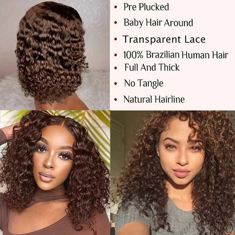 Brown Deep Wave Lace Front Wigs Human Hair #4 Color Curly Lace Frontal Wig For Women 13x4 Lace Front Brown Wig Human Hair