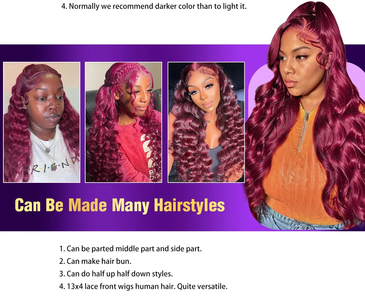 99J Burgundy Body Wave Wigs Glueless Preplucked 13x4 Lace Frontal Human Hair Wigs 30Inch HD 200% Wine Red Lace Wigs For Women