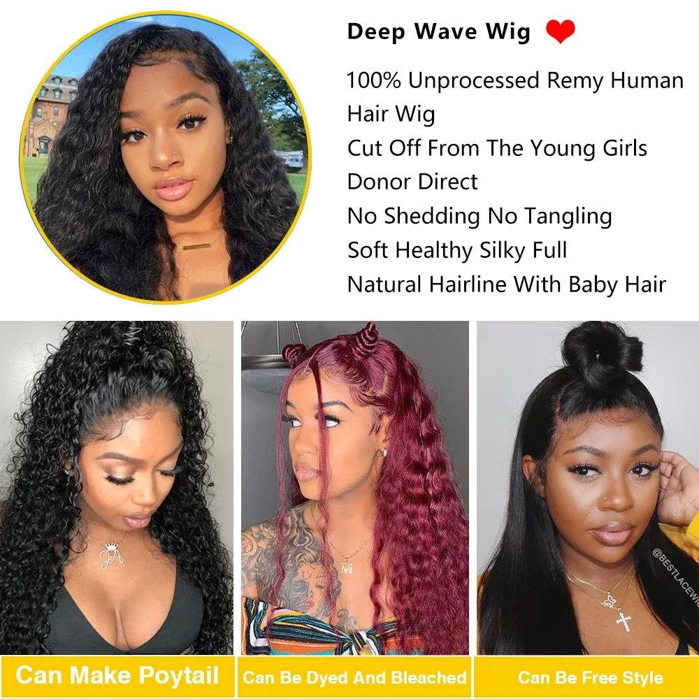 HD Transparent Deep Wave Frontal Wig 13x5/13x6 Curly Lace Front Human Hair Wigs For Women Wet And Wavy Water Closure Wig