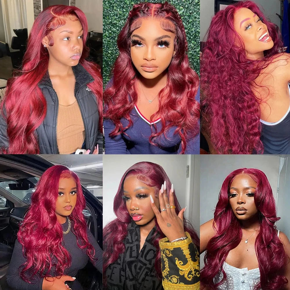 99J Burgundy Body Wave Wigs Glueless Preplucked 13x4 Lace Frontal Human Hair Wigs 30Inch HD 200% Wine Red Lace Wigs For Women