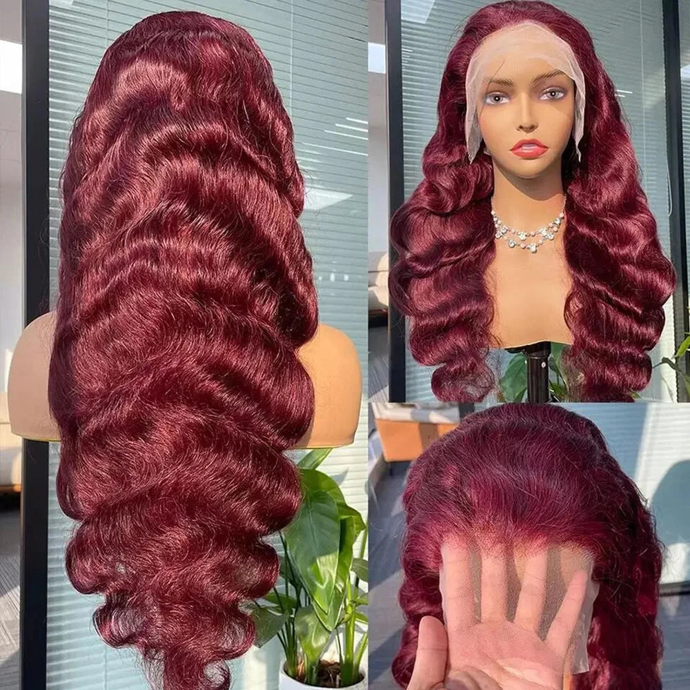 99J Burgundy Body Wave Wigs Glueless Preplucked 13x4 Lace Frontal Human Hair Wigs 30Inch HD 200% Wine Red Lace Wigs For Women