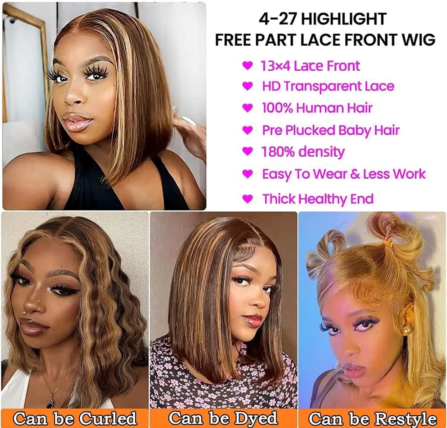 4/27 Honey Gold Highlighter Human Hair Bob Wig 13x4 Front Straight Bob Wig Human Hair Pre-drawn 180 Density wig 10-16 inches