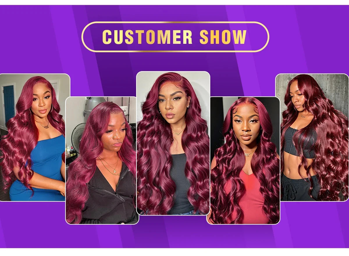 99J Burgundy Body Wave Wigs Glueless Preplucked 13x4 Lace Frontal Human Hair Wigs 30Inch HD 200% Wine Red Lace Wigs For Women