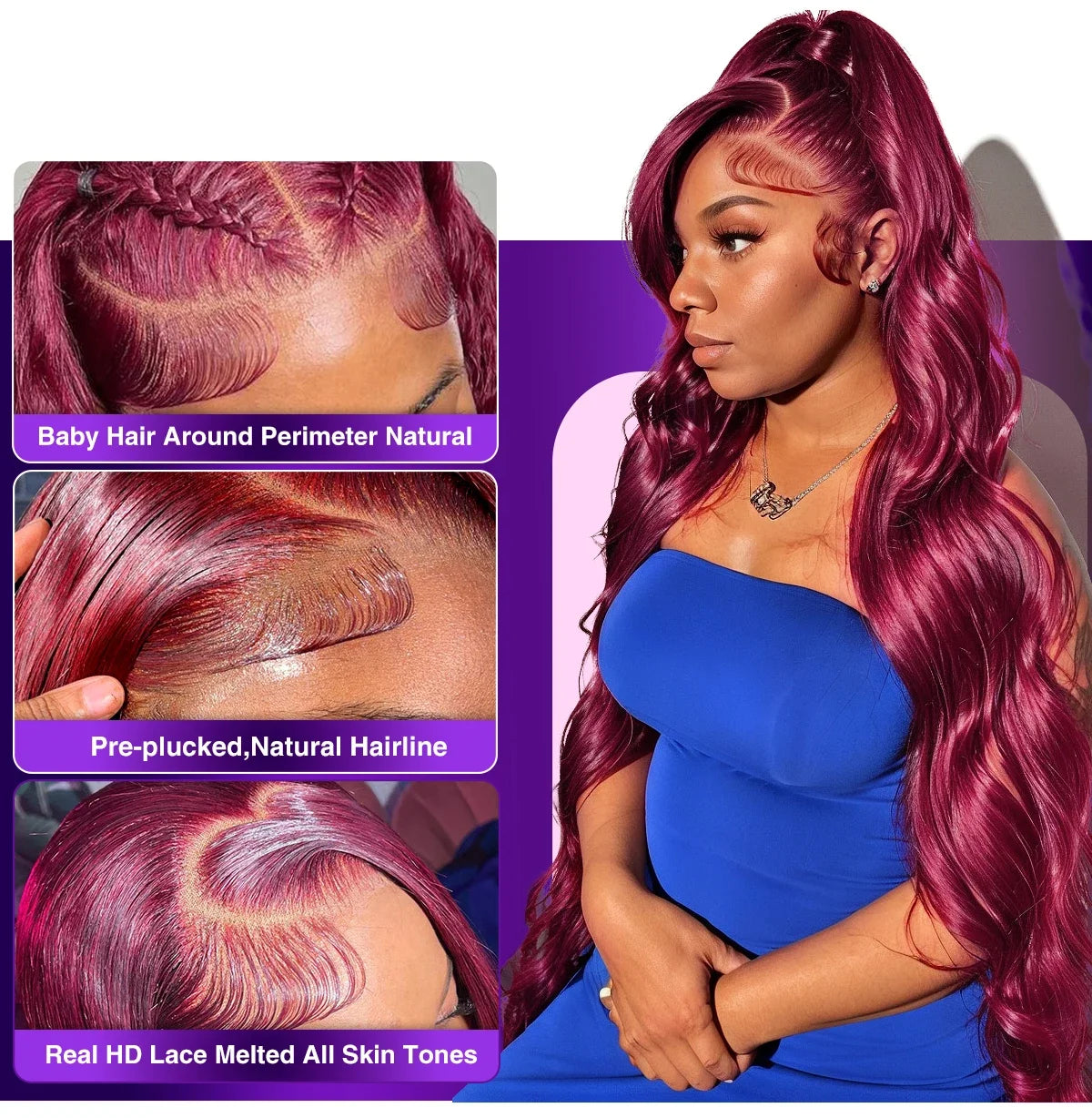 99J Burgundy Body Wave Wigs Glueless Preplucked 13x4 Lace Frontal Human Hair Wigs 30Inch HD 200% Wine Red Lace Wigs For Women